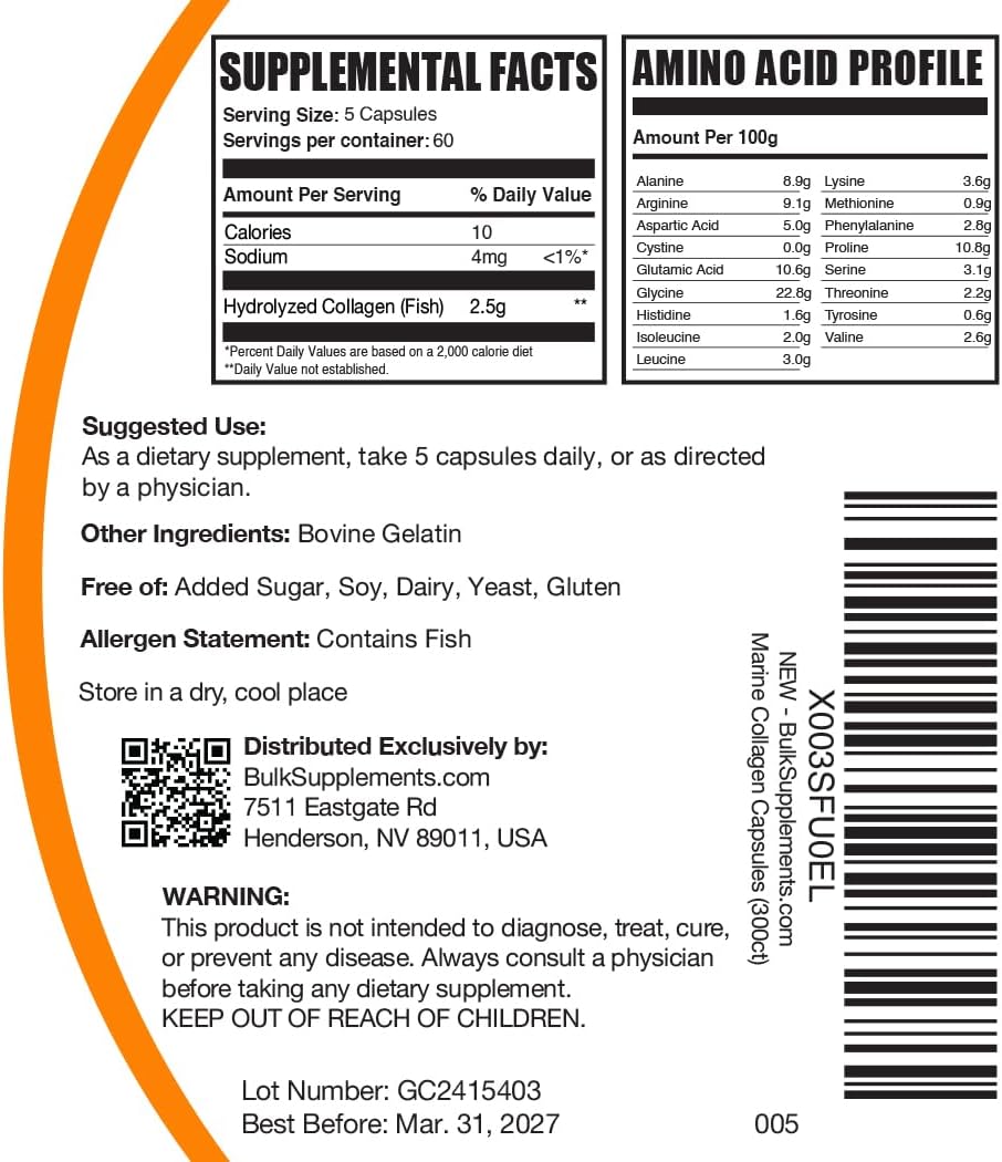 BulkSupplements.com Marine Collagen Capsules - Fish Collagen Supplement, Collagen for Women & Men - Hydrolyzed Collagen, Gluten Free, 5 Capsules per Serving, 300 Capsules (Pack of 1)