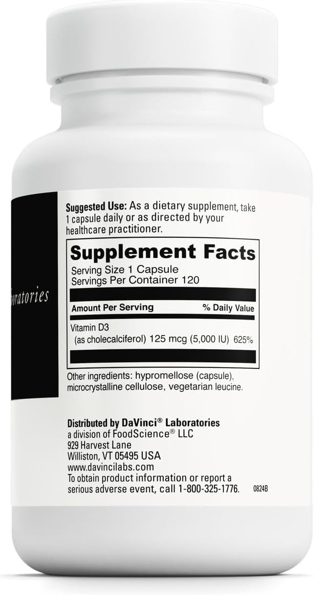 DAVINCI Labs Vitamin D3 5000 IU - Dietary Supplement to Support Healthy Teeth and Bones, Cardiovascular Function, and Immune Health* - with 5000 IU per Serving - Gluten-Free - 120 Capsules