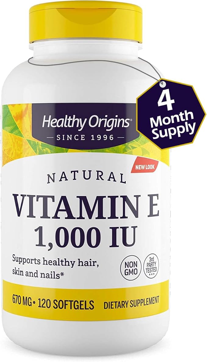 Healthy Origins Vitamin E, 1,000 IU (Natural) Mixed Tocopherols - Vitamin E Supplement - Gluten-Free & Non-GMO Skin, Hair & Nails Vitamin - 120 Softgels