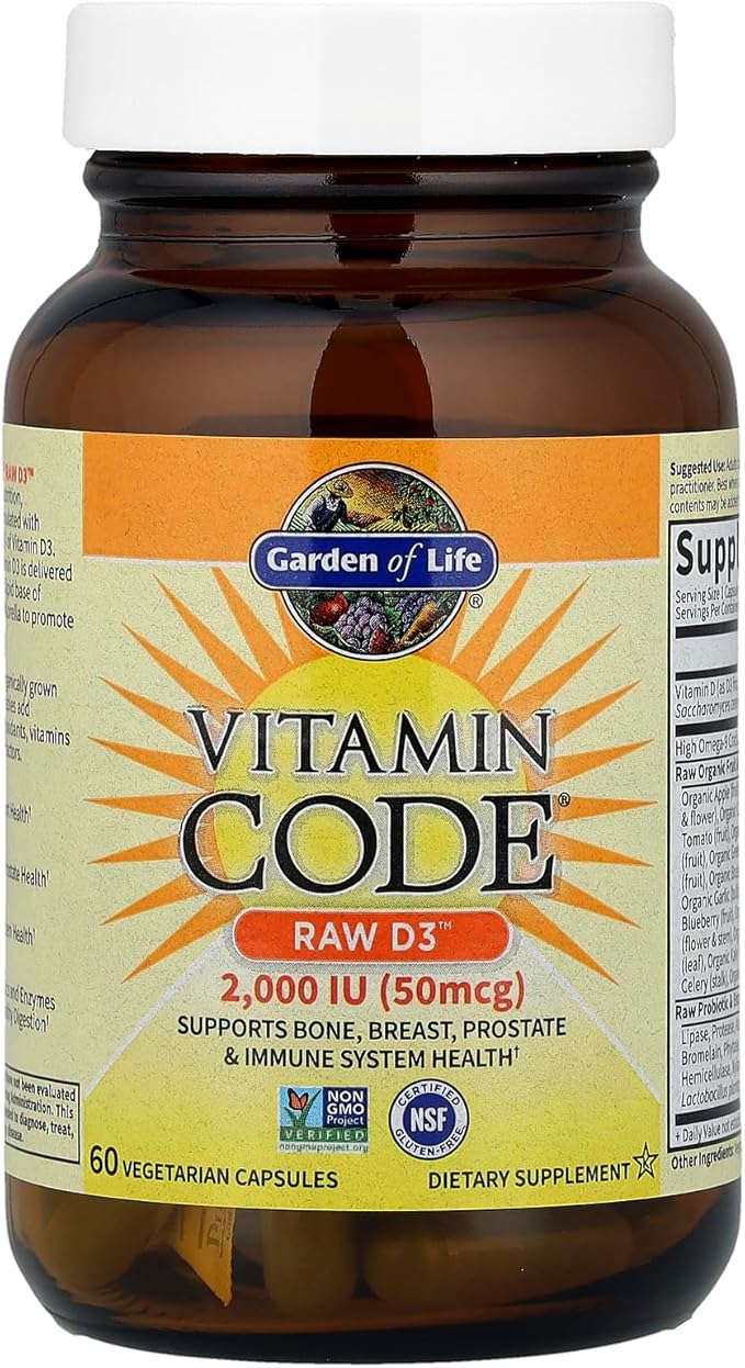 Garden of Life Vitamin D, Vitamin Code Raw D3, Vitamin D 2,000 IU, Raw Whole Food D3 Supplements with Chlorella, Fruit, Veggies & Probiotics for Bone & Immune Health, 60 Vegetarian Capsules