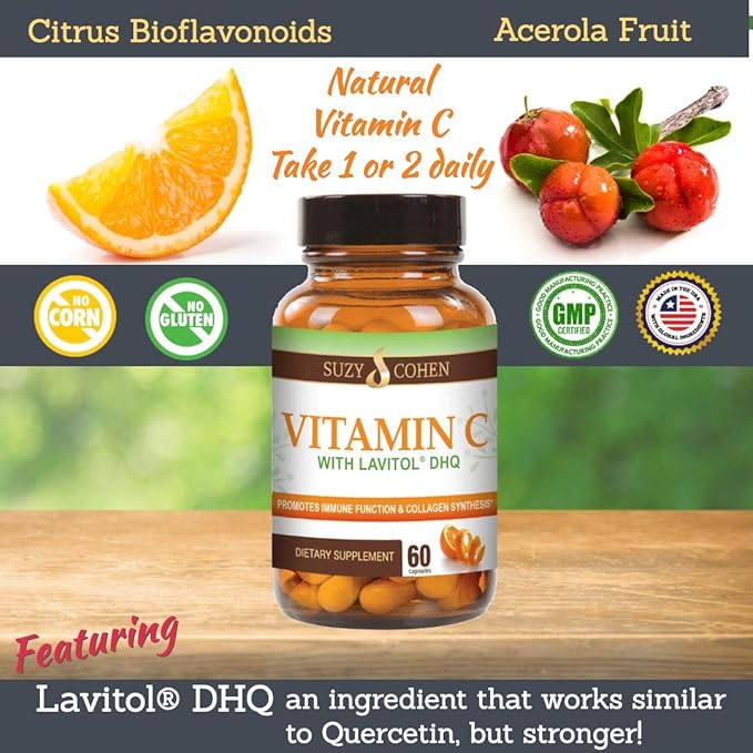100% Natural Vitamin C from Acerola Cherry with Lavitol DHQ Dihydroquercetin Plus 250 mg Citrus Bioflavonoids - Whole-Food Vitamin C, No Synthetic Ascorbic Acid and No Additives - 250 mg, 60 Capsules