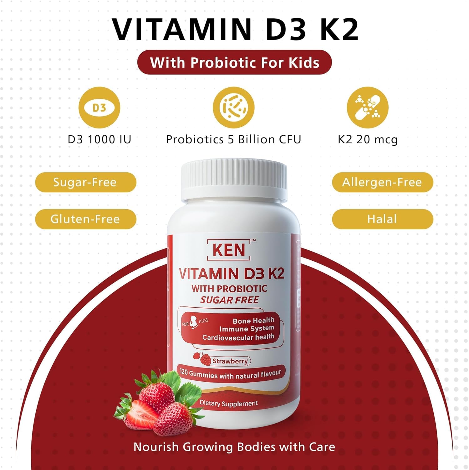 KEN Vitamin D3 K2 with Probiotic for Kids, Sugar-Free Gummies for Calcium Absorption, Bone Support, 5 Billion CFU Probiotics for Gut Balance and Immune Function, Non-GMO 120 Strawberry Flavor Gummies