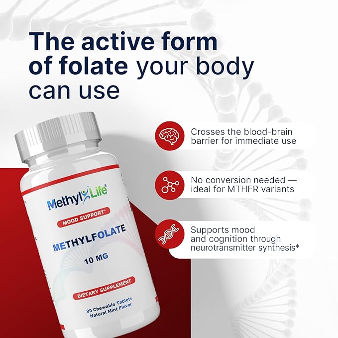 Methyl-Life Purest L-Methylfolate 10 mg Pharmaceutical Grade Professional Strength Active Folate - 3 Months Supply. Chewables. Non-GMO. Gluten Free Methylfolate