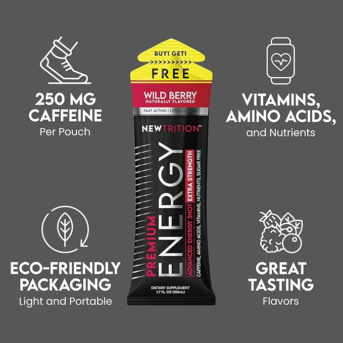 NewTrition® Extra Strength Energy Shots 1.7 fl oz - 250mg Caffeine with B Vitamins & Amino Acids, Sugar-Free Zero Calorie Vitamin Energy Drink for Focus & Endurance (Pack of 12, 4 Flavors - Mixed 1)