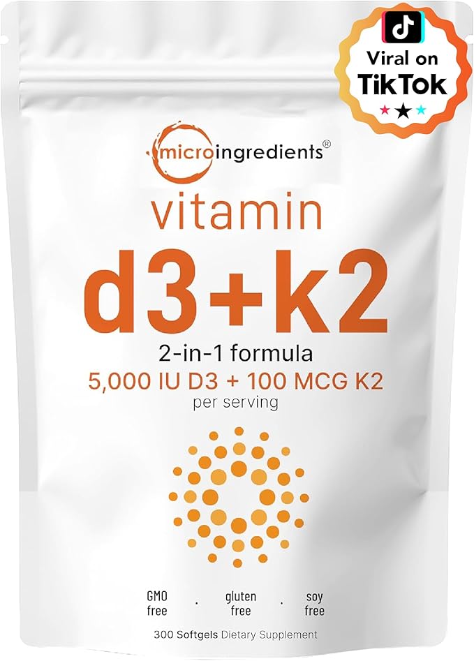 Micro Ingredients Vitamin D3 5,000 IU + K2 MK-7 100 mcg, 300 Softgels | 2-in-1 Vitamins D & K Complex | Extra Strength, Easy to Swallow, Non-GMO, Gluten Free