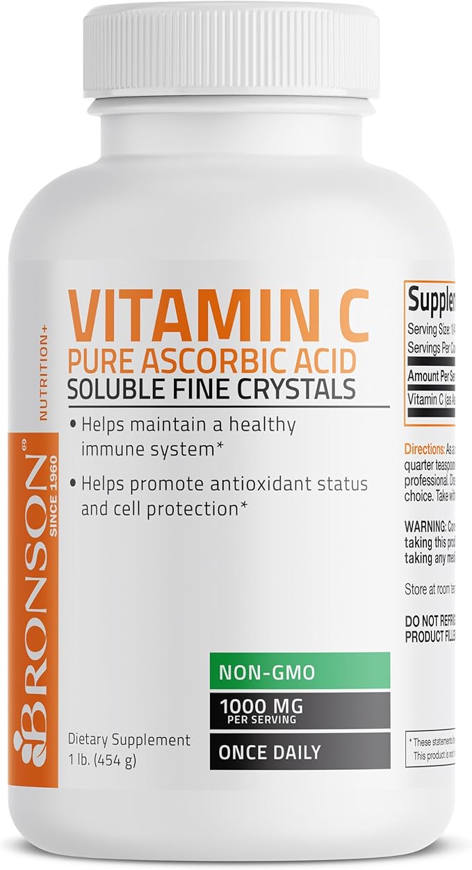 Bronson Vitamin C Powder Pure Ascorbic Acid Soluble Fine Non GMO Crystals – Promotes Healthy Immune System and Cell Protection – Powerful Antioxidant - 1 Pound (16 Ounces)