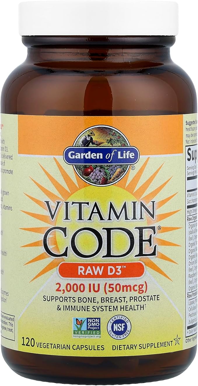 Garden of Life Vitamin D, Vitamin Code Raw D3, Vitamin D 2,000 IU, Raw Whole Food D3 Supplements with Chlorella, Fruit, Veggies & Probiotics for Bone & Immune Health, 120 Vegetarian Capsules