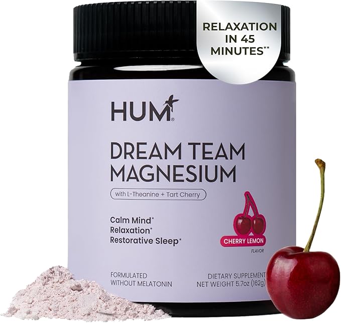 Hum Nutrition Dream Team Magnesium Bisglycinate Powder, L Theanine & Tart Cherry Magnesium Supplement Drink Mix, Support Rest, Relaxation & Sleep Routine, Gluten Free, Vegan, Cherry Lemon, 30 Servings