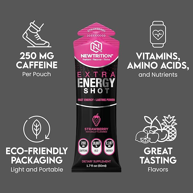 NewTrition® Extra Strength Energy Shots 1.7 fl oz - 250mg Caffeine with B Vitamins & Amino Acids, Sugar-Free Zero Calorie Vitamin Energy Drink for Focus & Endurance (Pack of 12, 4 Flavors - Mixed 3)
