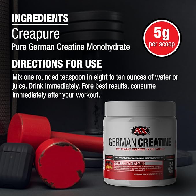 German Creatine - Micronized Creatine Monohydrate Powder, 99.99% Pure Creapure for Muscle Growth, Strength & Performance, Supports Muscle Recovery, 3rd Party Tested, Unflavored - 270g (54 Servings)