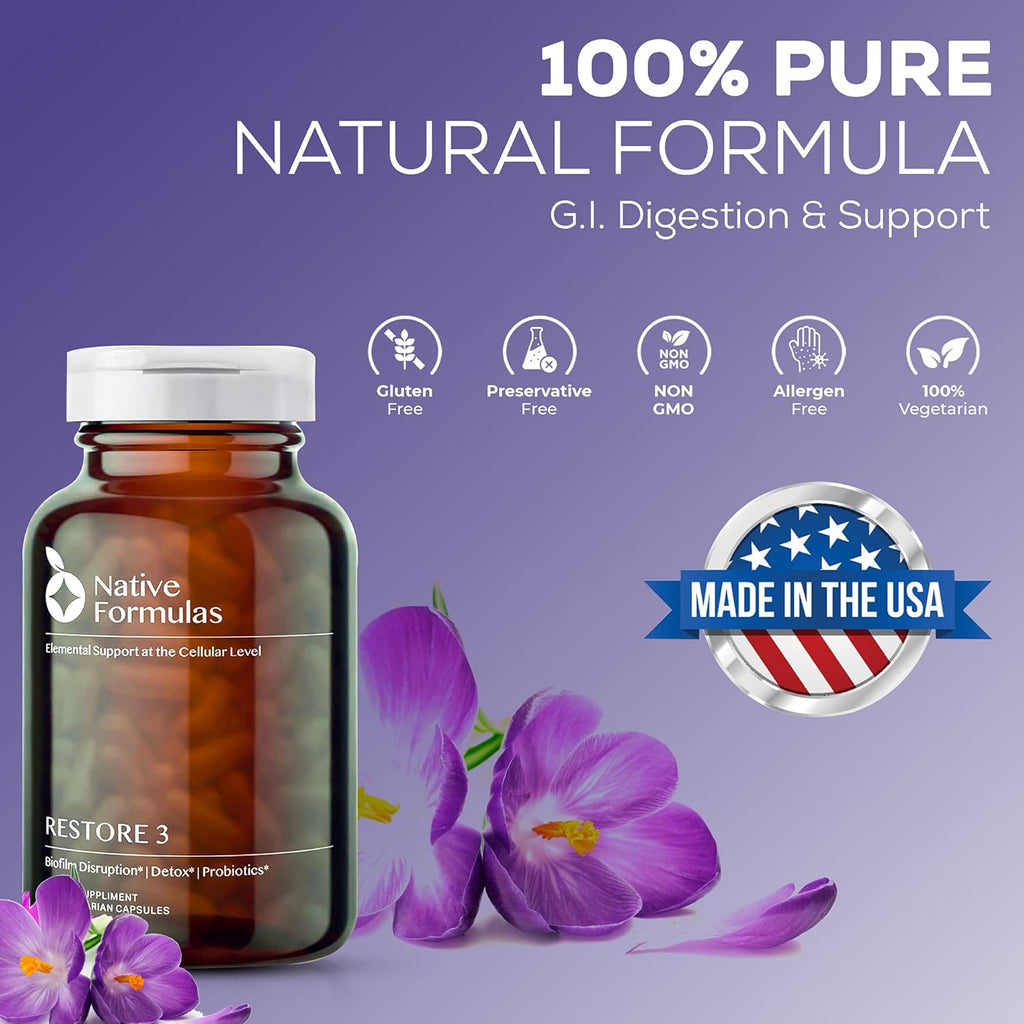Restore 3 Proteolytic Enzyme & Spore Probiotic Blend Supplement - 60 Capsules - Advanced Biofilm Disruption Aid - Support GI Health, Fibromyalgia, Gut Flora, Muscle