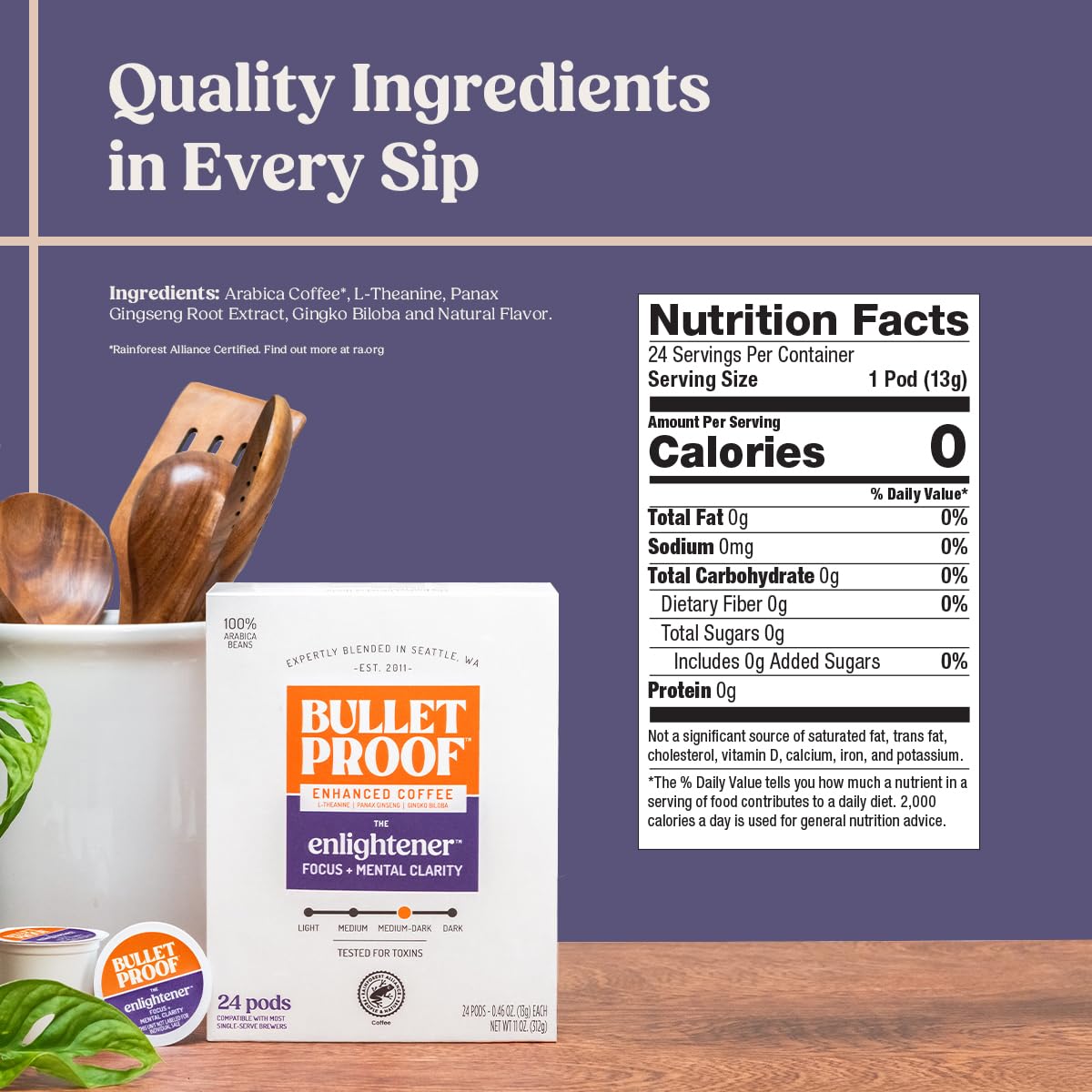 Bulletproof The Enlightener Coffee Pods, 24 Count, Medium-Dark Roast Enhanced Coffee with L-Theanine, Panax Ginseng and Gingko Biloba, Supports Mental Clarity, Focus, and Memory