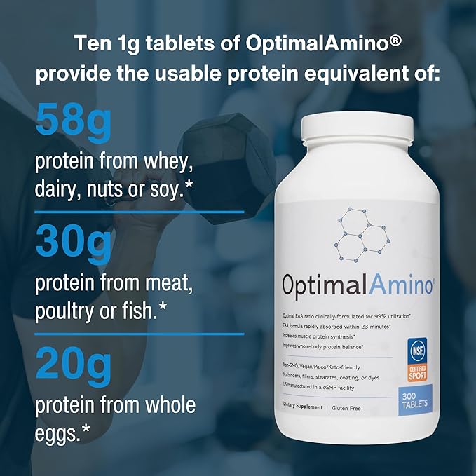 OptimalAmino Tablets Fitness Bundle (600 Count) | 99% Utilized Essential Amino Acid (EAA) Supplement | Increase Muscle Recovery, BCAA Protein Pre/Post Workout, NSF Certified for Sport® Certified