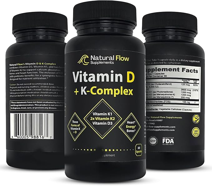 Vitamin D3 with K2 and K1 Supplement - Natural Flow Vitamin D3 and K Complex, D3 5000iu with Vitamin K2 MK4 + MK7 and K1 for Bone, Heart, and Immune Support - 60 Capsules