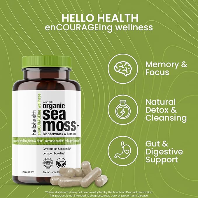 Organic Irish Sea Moss Capsules: Wildcrafted Sea Moss, Burdock Root & Bladderwrack Prebiotic Super Food for Immune Support, Thyroid Support, Natural Energy, -120 Caps