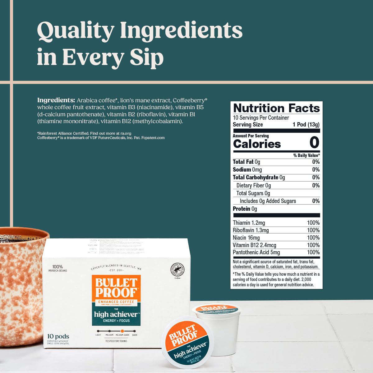 Bulletproof The High Achiever Single-Serve Pods, 10 count, Medium-Dark Roast Enhanced Coffee with Lion's Mane Mushroom, B Vitamins, and Adaptogens for Energy and Focus, Packaging May Vary