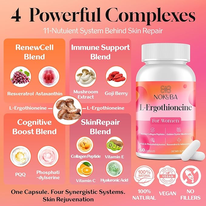 L-Ergothioneine with Collagen Peptides, Hyaluronic Acid | 2X Antioxidant of Glutathione | 11-in-1 Mushrooms Supplement for Women | Skin, Brain, Immune, Cognitive Support | 120 Capsules