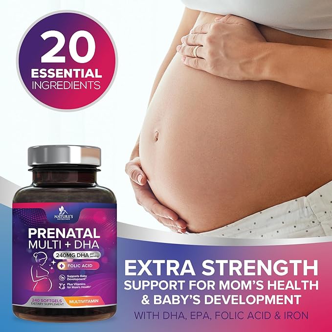 Prenatal Vitamins for Women with Folic Acid + Omega 3 DHA for Fetal Brain Development, Best Prenatal Vitamin Supplement, Daily Pregnancy Multivitamin Nutritional Support, Non-GMO - 240 Softgels