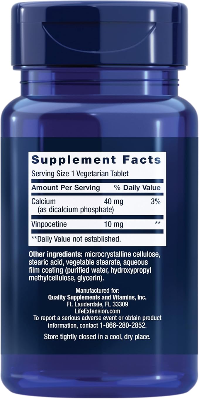 Life Extension Vinpocetine, derived from Periwinkle Plant, Concentration and Memory, Gluten-Free, Non-GMO, Vegetarian, 100 Tablets