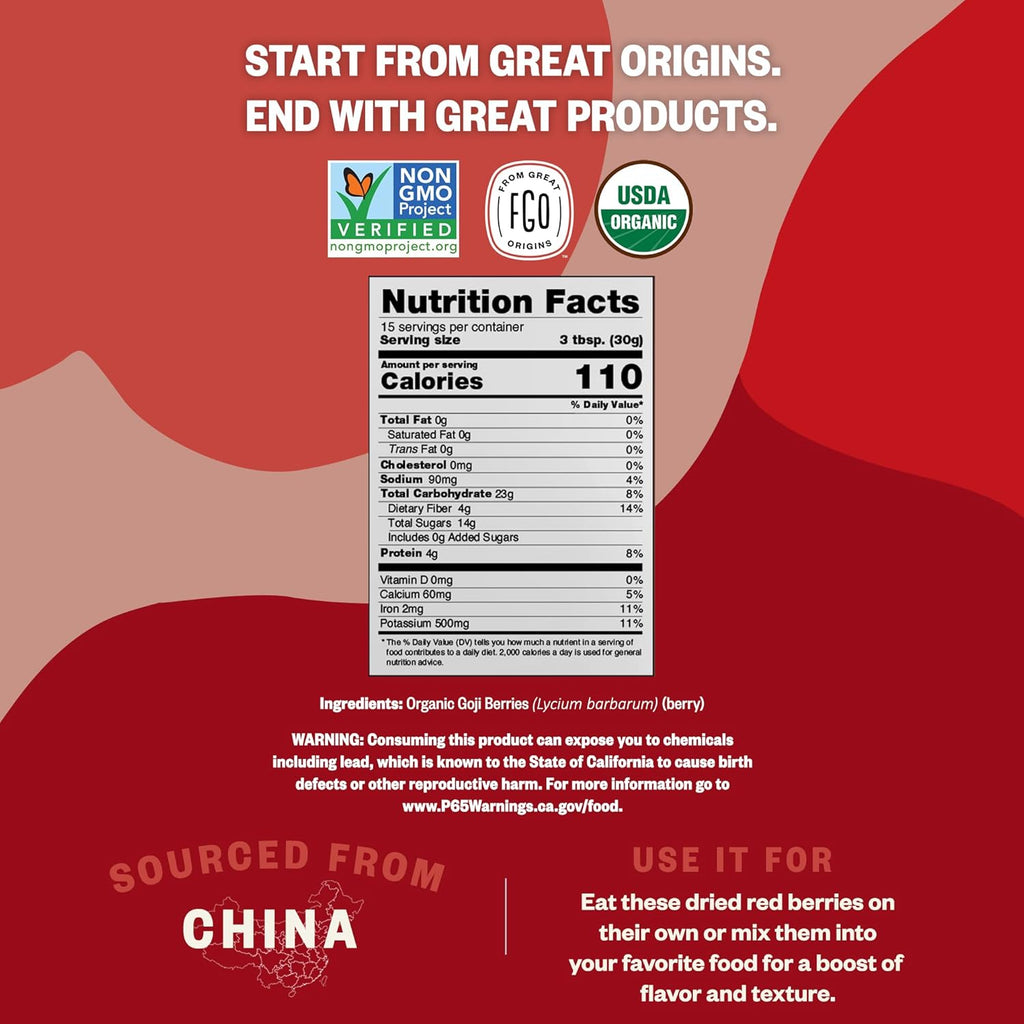 FGO Organic Goji Berries, Large & Chewy, from Ningxia, 32oz (Pack of 1)