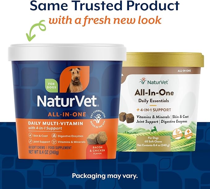 NaturVet All-in-One Dog Supplement - for Joint Support, Digestion, Skin, Coat Care – Dog Multivitamins with Minerals, Omega-3, 6, 9 – Wheat-Free Vitamins for Dogs – 60 Soft Chews