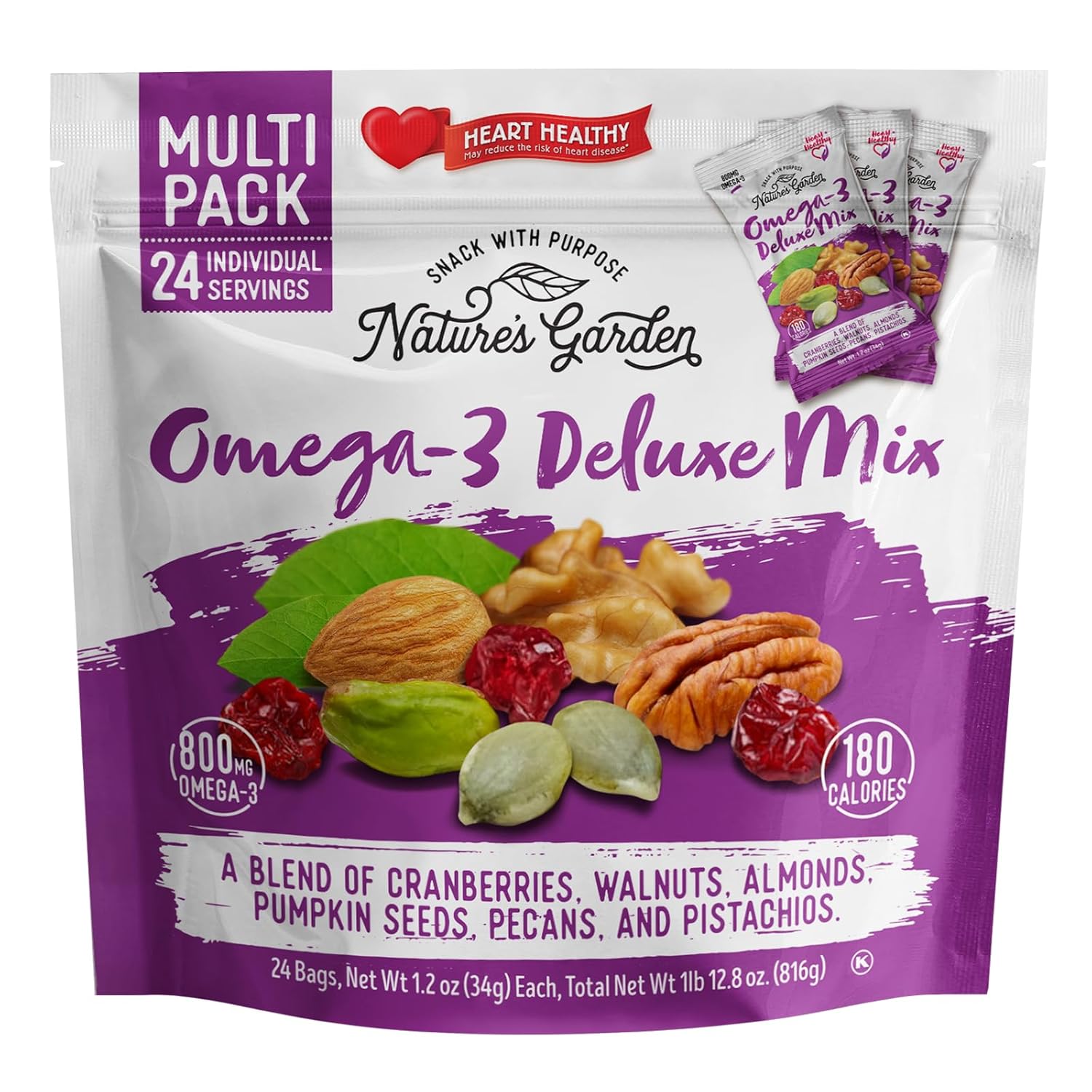 Nature's Garden Omega 3 Deluxe Mix - Trail Mix Nuts, Heart Healthy, Gluten Free, Cholesterol Free, Sodium Free, No Artificial Ingredients - 1.2 oz Bags (24 Individual Servings)