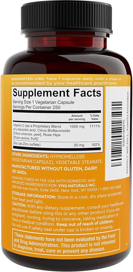 Viva Naturals Vitamin C and Zinc Supplement (250 Capsules) - 1000 mg Vitamin C with Zinc 20 mg Antioxidant Supplements for Immune Support, Vitamin Supplement for Adults