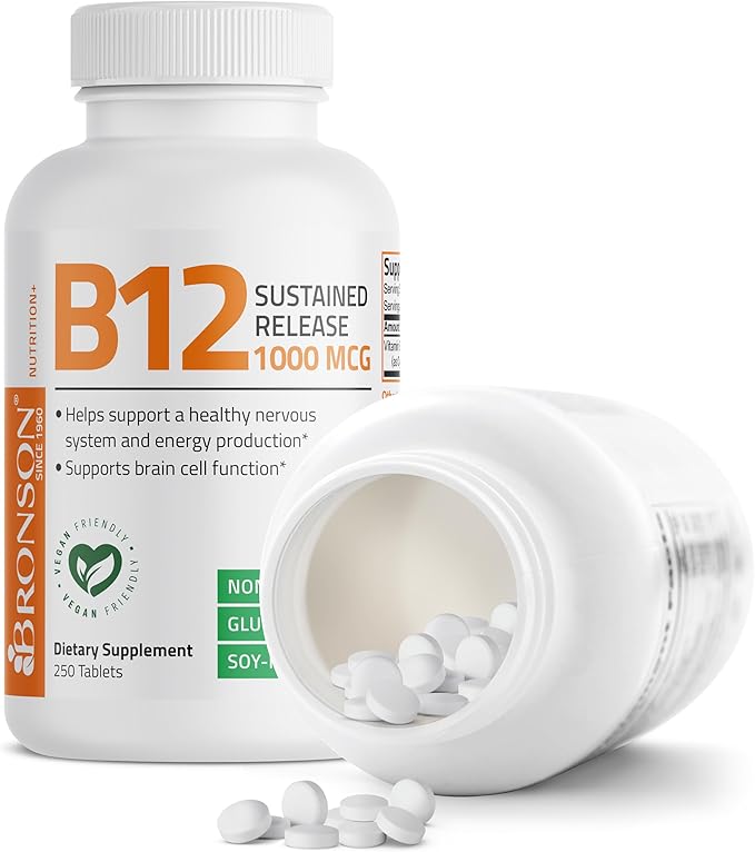 Bronson Vitamin B12 1000 mcg Sustained Release Premium Non GMO Tablets Supports Nervous System, Healthy Brain Function and Energy Production, 250 Count