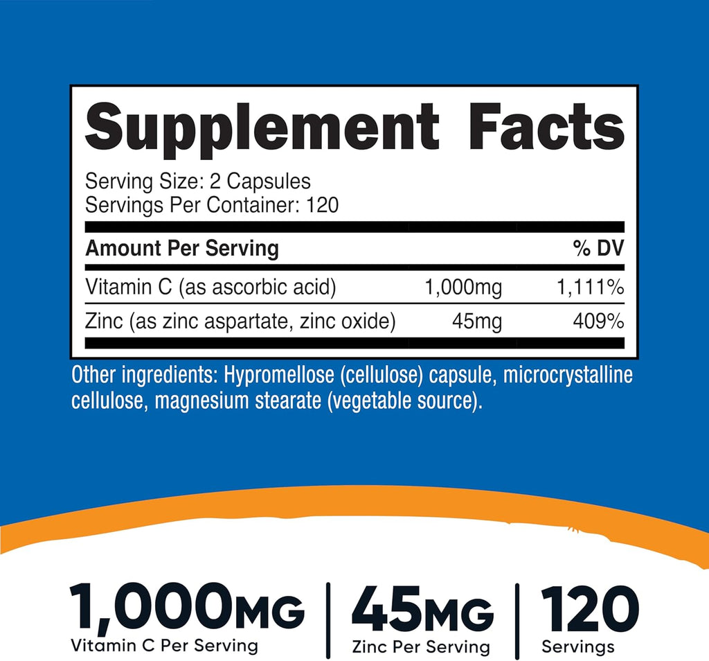 Nutricost Vitamin C with Zinc Capsules, 120 Servings - 1000mg, 45mg Zinc, Non-GMO, Gluten Free Vitamin C Supplement