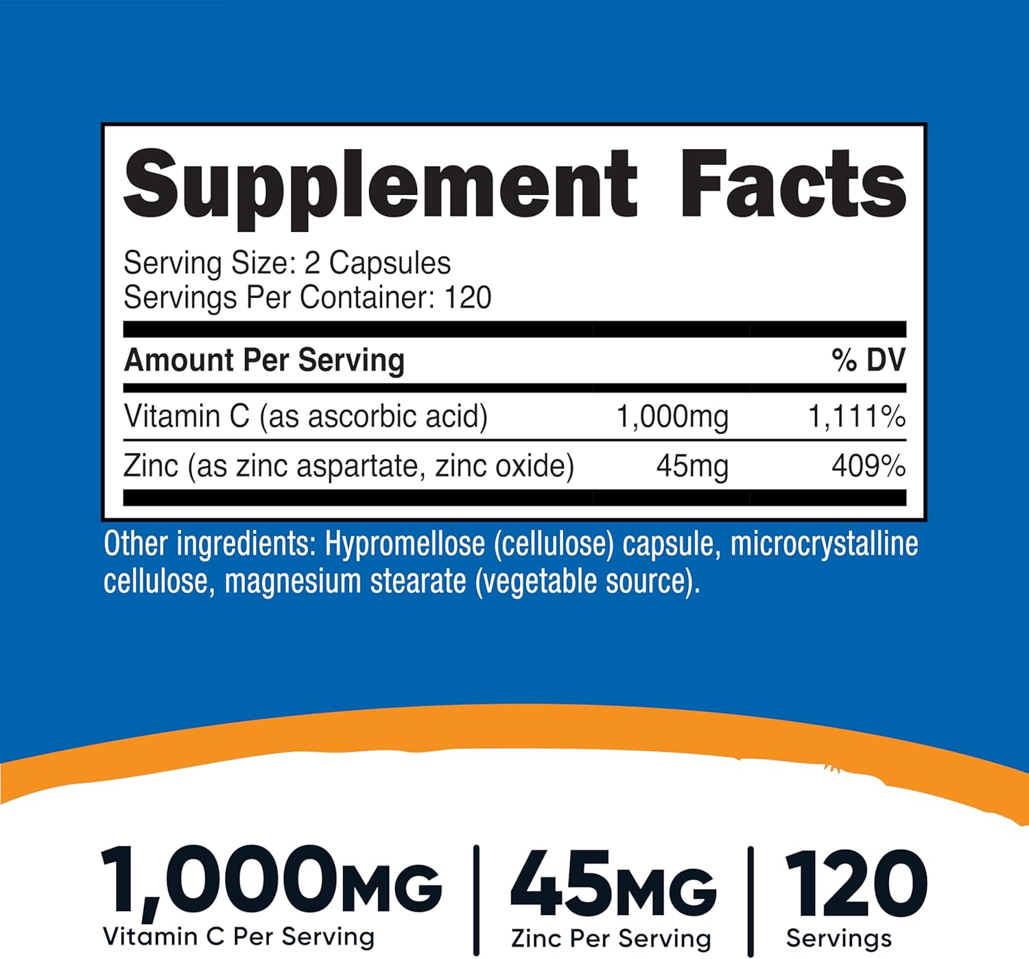 Nutricost Vitamin C with Zinc Capsules, 120 Servings - 1000mg, 45mg Zinc, Non-GMO, Gluten Free Vitamin C Supplement