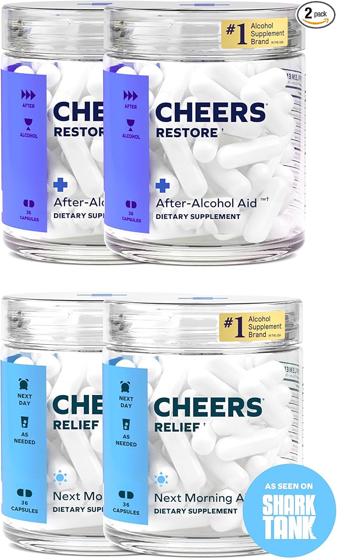Cheers R&R Combo | Restore + Relief | Feel Better After Drinking & Support Your Liver | DHM, L-Cysteine, Milk Thistle, Ginger, White Willow Bark, Caffeine, L-Theanine | 24 Doses Each | Supplements