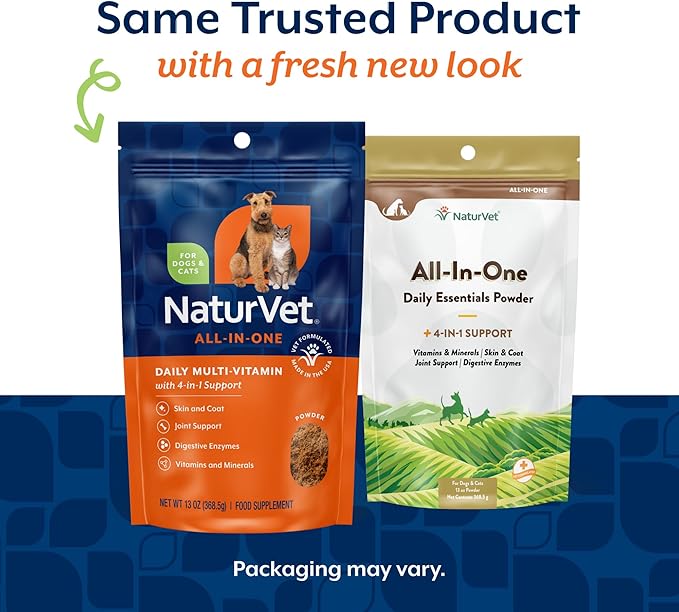 NaturVet All-in-One Dog Supplement - for Joint Support, Digestion, Skin, Coat Care – Dog Multivitamins with Minerals, Omega-3, 6, 9 – Wheat-Free Vitamins for Dogs – 13-Ounce Powder