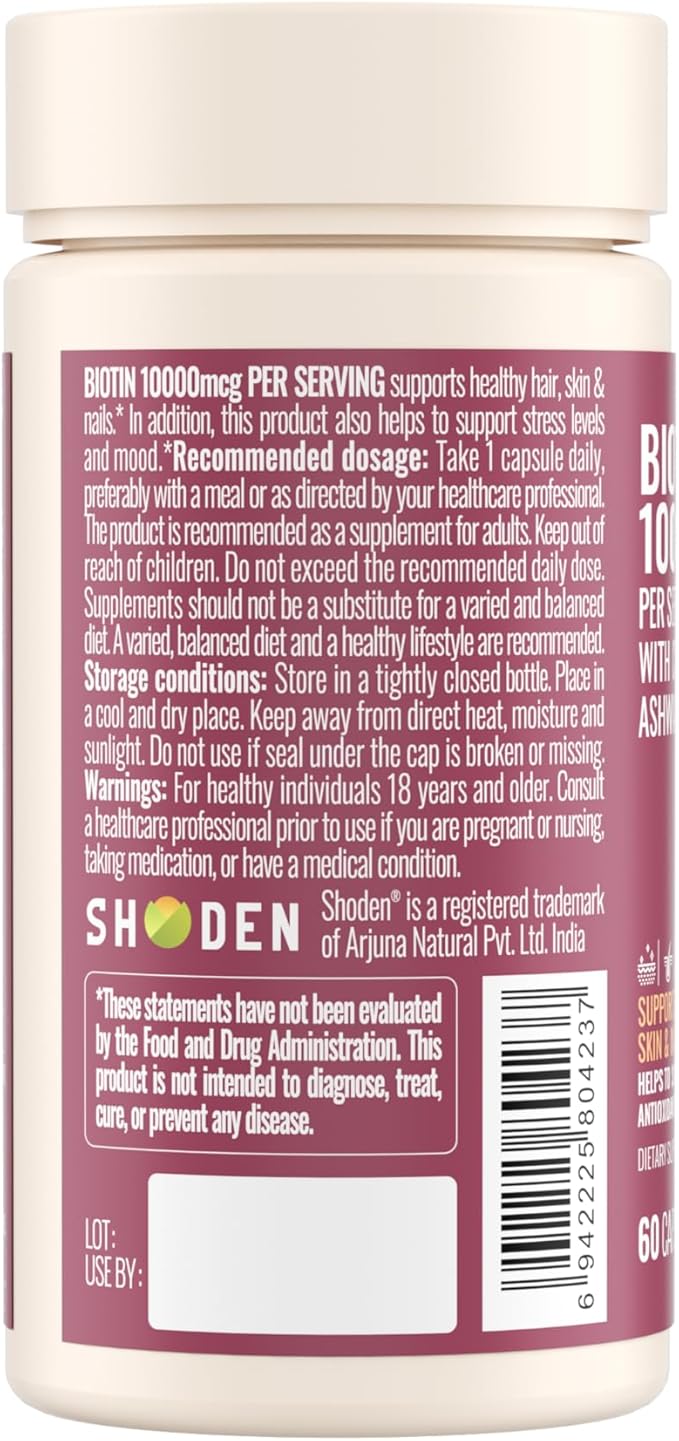 Biotin 10000mcg,Supports Healthy Hair, Skin and Nails Vitamins Supplement,Helps Balance Stress Levels and Mood,60 Capsules