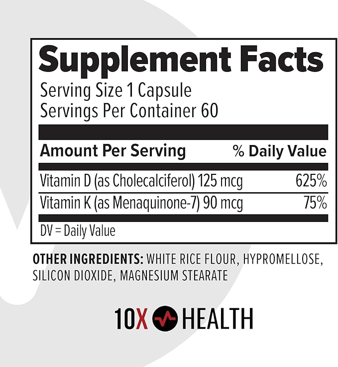 10X Health Vitamin D3 5000 IU & K2 MK7 - Menaquinone 7, High-Potency D3 K2 Vitamin Supplement for Bone Health, Heart and Teeth - 125 mcg Vitamin D & 90 mcg Vitamin K2-60 Capsules