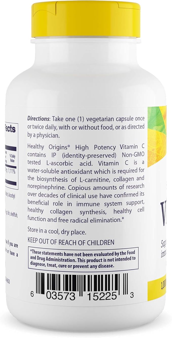 Healthy Origins Vitamin C 1,000 mg (Non-GMO Tested, High Potency, Immune Support, Vegan), 360 Veggie Caps