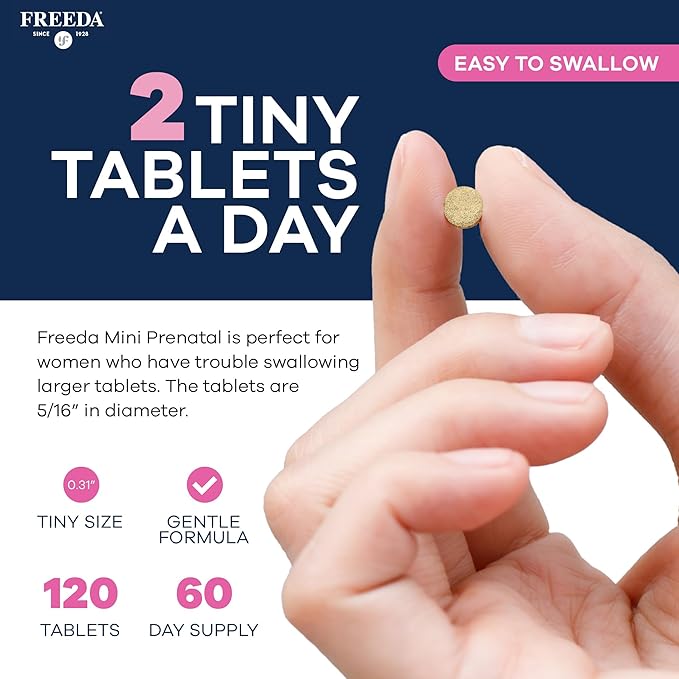 FREEDA Mini Prenatal Vitamin - Kosher Prenatals -Tiny Easy to Swallow Tablets - Prenatal Vitamins with Iron, Prenatal Folic Acid/Folate, Vitamin D - Pre Natal Multivitamin for Pregnant Women (120)