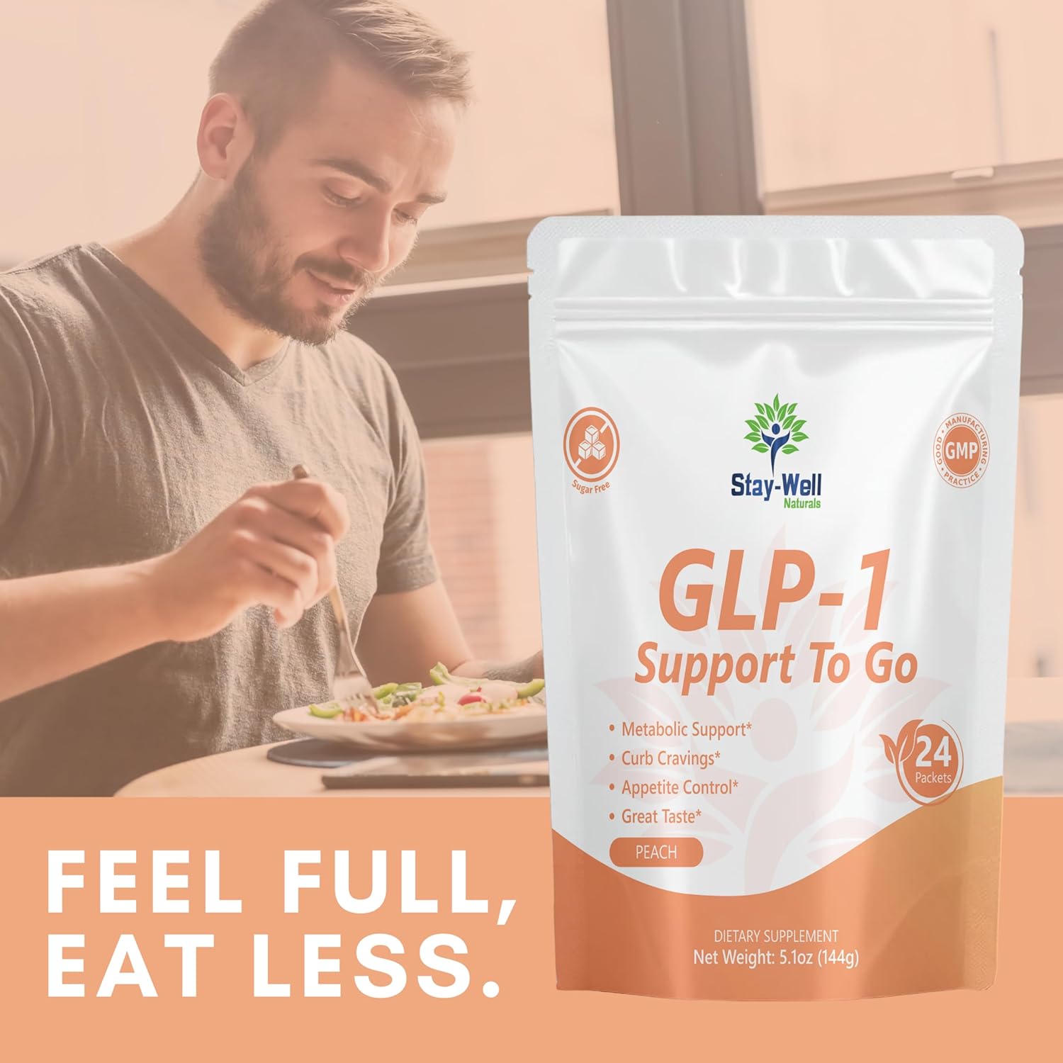 GLP-1 Supplement | Natural GLP-1 Production | GLP 1 Booster Drink Mix to Control Appetite and Cravings | Great Tasting Metabolic Support - Yerba Mate, Garcinia Cambogia, Berberine [Peach]