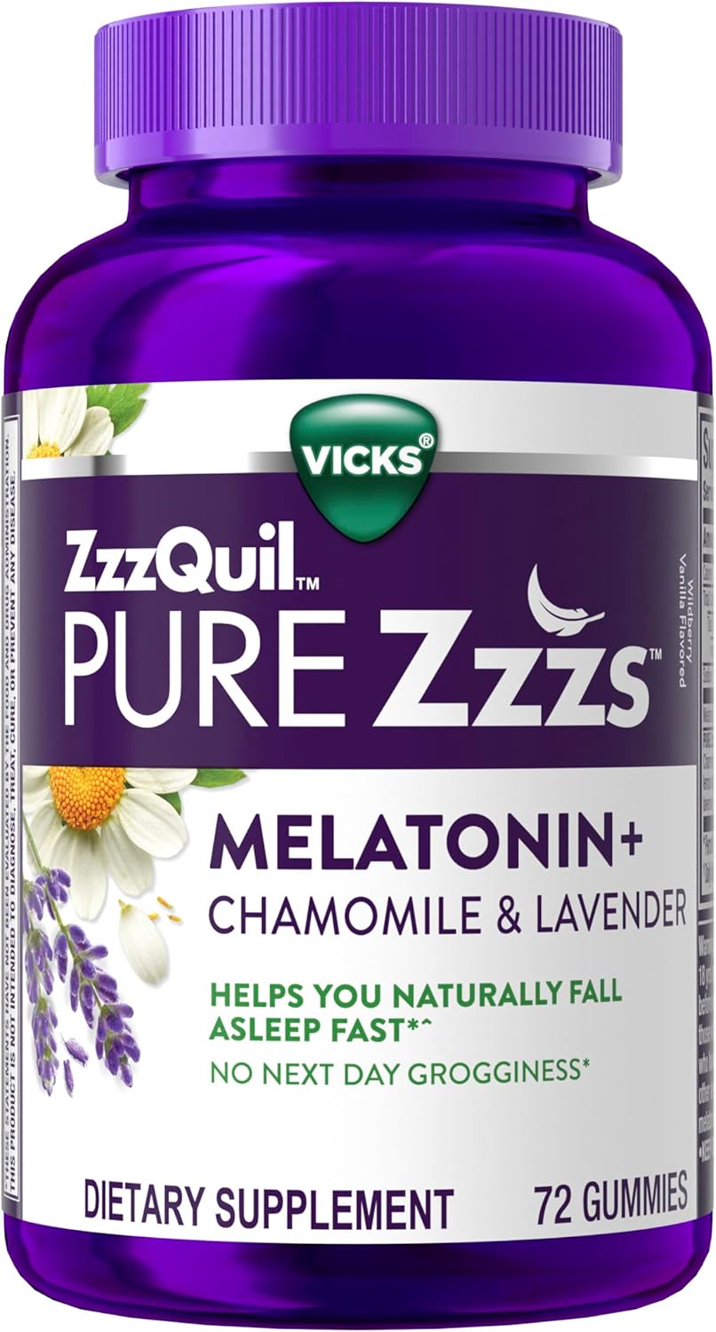 ZzzQuil PURE Zzzs Melatonin Gummies, Sleep Aid, Melatonin 2mg, with Chamomile & Lavender, Melatonin Sleep Gummies, Sleep Aids for Adults, Wildberry Vanilla Flavored, 72 Sleep Gummies