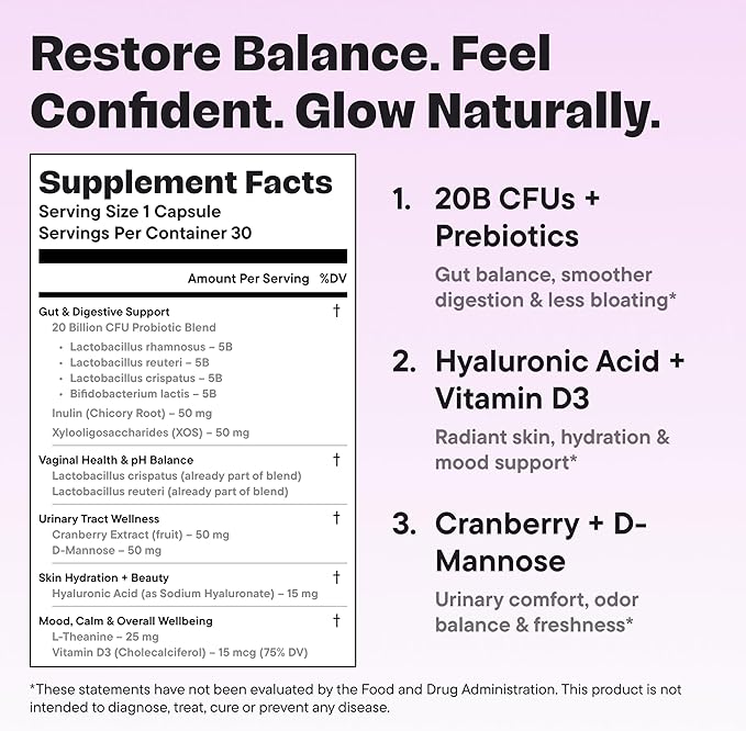 Women’s Probiotic 20 Billion CFU – 5-in-1 Daily Support for Digestive, Vaginal & Urinary Health – with Cranberry, D-Mannose, Prebiotics & Hyaluronic Acid – 30 Capsules