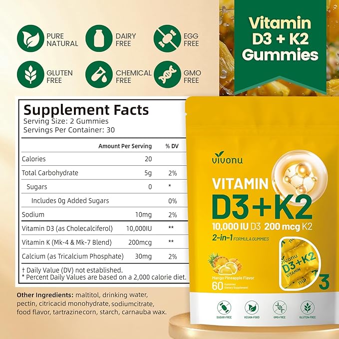 Vitamin D3 K2 Gummies, D3 10000 IU & MK7-200 mcg, 2 in 1 Vitamins D & K Complex | Vitamina D3 con K2 | Supports Calcium Absorption, Bone, Immune, & Heart Health, Easy to Carry and use (120 Gummies)