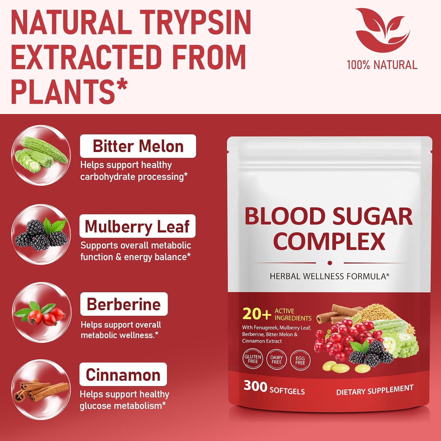 300 Softgels Blood Sugar Complex Supplement | 20+ Active Natural Herbs-Cinnamon, Bitter Melon, Mulberry Leaf, Fenugreek, Berberine, Vitamins for Energy Level, Vitality Support | Clean Ingredients