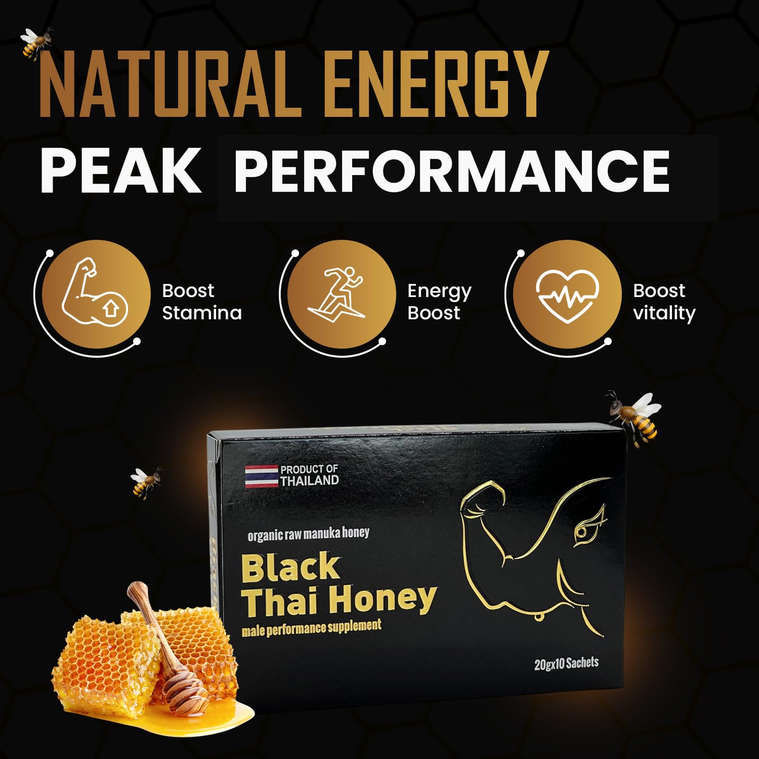 Black Thai Honey Packs- 20 Gram Satchets - Pack of 10 - Natural Pure Honey with Jelly Bee Pollen