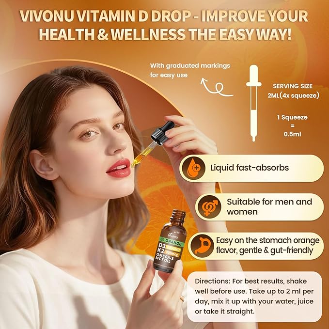 VivoNu Vitamin D3 K2 Drops, D3 20000 IU & K2 as MK-7 400mcg with Magnesium, Calcium, Zinc & Omega 3 for Immune*, Mood*, Bone* Health, Orange Flavor Vitamin D Liquid Drops Supplement, Non-GMO (1)