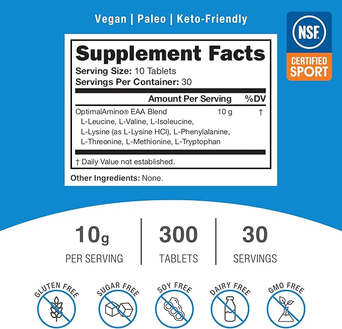 OptimalAmino Tablets (300 Count) | 99% Utilized Essential Amino Acid (EAA) Supplement, Increase Muscle Recovery, BCAA Protein Pre/Post Workout | NSF Certified for Sport® Certified