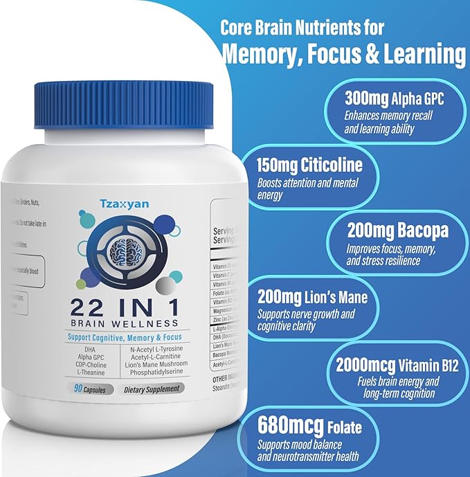 Brain Supplements for Memory and Focus, Clarity & Cognitive Improvement, 300mg Alpha GPC, CDP-Choline, DHA, Lion’s Mane, L-Theanine, Vitamin B6 B12 & Phosphatidylserine for Men & Women, 90 Capsules