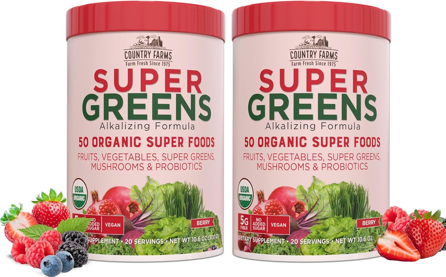 COUNTRY FARMS Super Greens Berry Flavor, 50 Organic Foods, USDA Drink Mix, Multicolor, Multi, 40 Servings, 21 Oz, 2 Pack