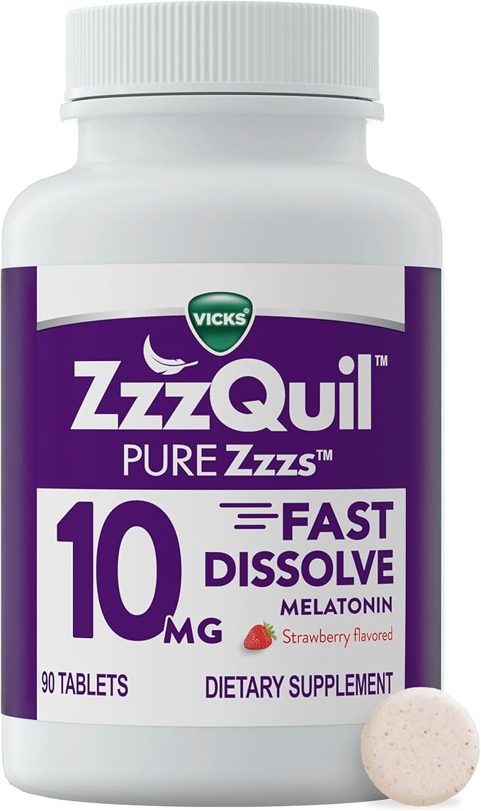 ZzzQuil Pure Zzzs Fast Dissolve Melatonin, Melatonin 10mg, Sleep Aid Supplement, Sleep Aids for Adults, Strawberry Flavored, 90 Fast Dissolve Melatonin Tablets