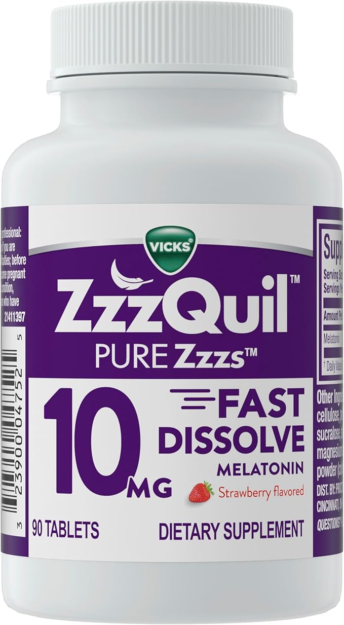 ZzzQuil Pure Zzzs Fast Dissolve Melatonin, Melatonin 10mg, Sleep Aid Supplement, Sleep Aids for Adults, Strawberry Flavored, 90 Fast Dissolve Melatonin Tablets