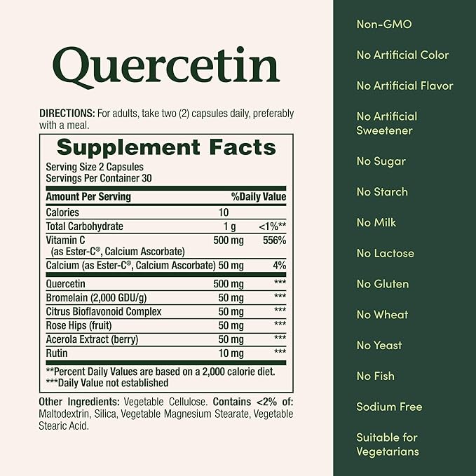 Nature’s Bounty Quercetin, Immune Support, 500mg, With Vitamin C, Rose Hips, & Rutin, 60 count