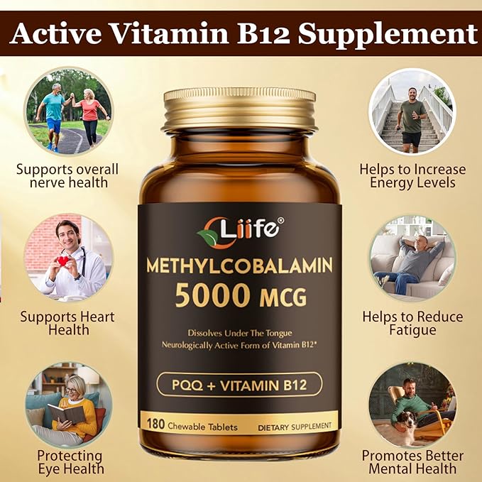 LIIFE Vitamin B12 (Methylcobalamin)+ PQQ 5000 mcg | 180 Chewable Tablets | Supports General Energy, Brain & Nervous System Health | Gluten Free | 1 Capsule per Serving*